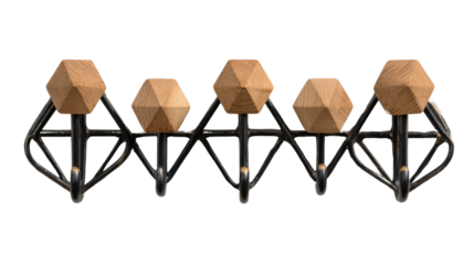 Modern coat rack with geometric wooden hooks on a minimalist black metal frame, isolated on white background.