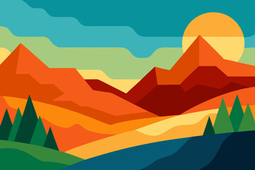 Geometric mountain landscape sunset illustration