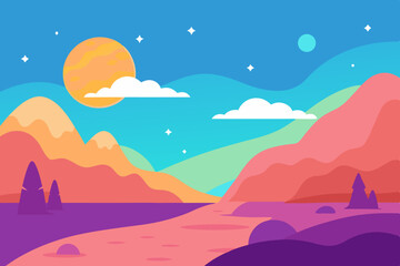 Vibrant sunset landscape with mountains and stars