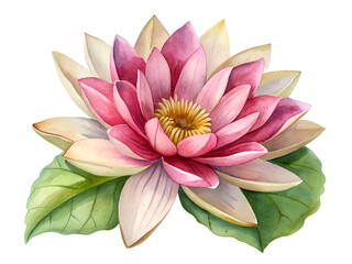 Watercolor Pink and Cream Water Lily with Green Leaves