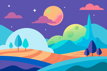 Abstract night landscape with colorful planets and hills