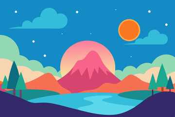 Vibrant sunset landscape with mountain and lake