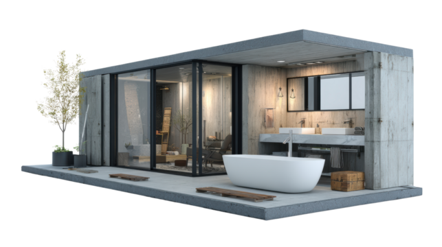 Modern minimalistic house with glass walls and sleek design, isolated on a white background.