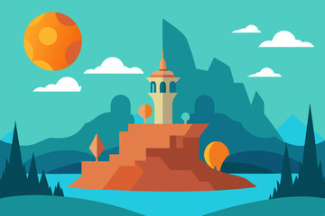 Flat design fantasy landscape with tower and mountains