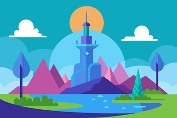 Futuristic tower landscape with river and mountains