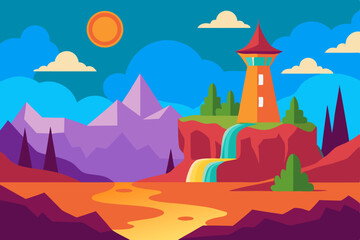Vibrant landscape with tower and waterfall