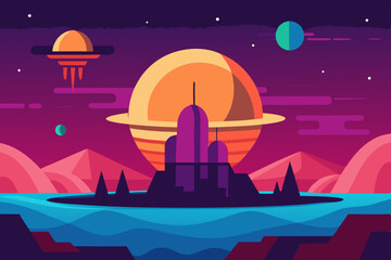 Alien planet landscape with futuristic city and spaceships