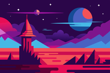 Alien planet landscape with tower and mountains