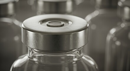 Close-up of a Single Sterile Glass Vial with Metallic Cap Amidst Blurred Background of Similar Vials