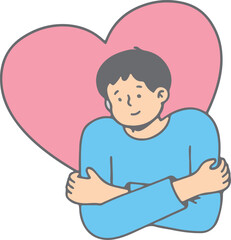 Boy with Heart Shape Background, Love and Affection Concept, Kindness Emotion, Flat Cartoon Illustration