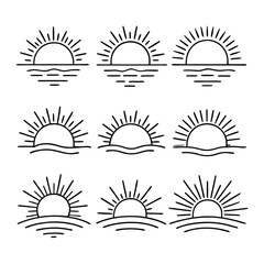 Set of nine minimalist sun and ocean sunrise or sunset vector illustrations