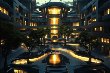 Futuristic university campus designed around glowing architecture and vibrant illumination during twilight hours