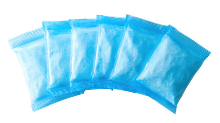 Six blue plastic bags filled with a white powder substance, isolated on a white background.