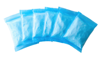 Six blue plastic bags filled with a white powder substance, isolated on a white background.