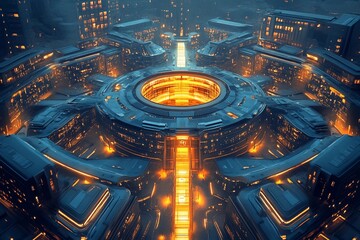 Futuristic university campus designed around glowing architecture and vibrant illumination during twilight hours