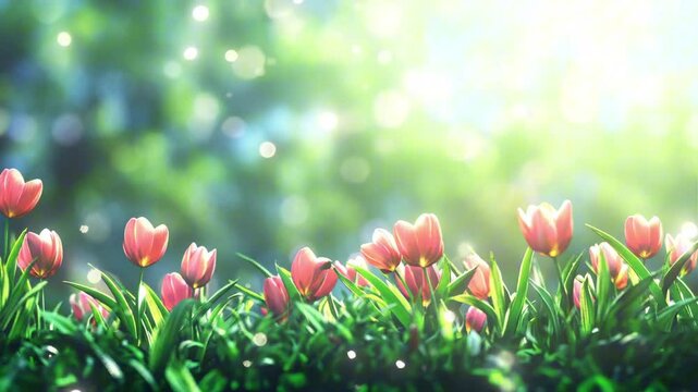 Beautiful pink tulips creating a delicate border on a green blurred with bokeh backdrop, perfect for spring or easter themes with copy space for text	
