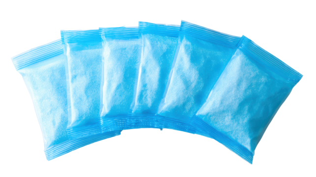 Six blue plastic bags filled with a white powder substance, isolated on a white background.