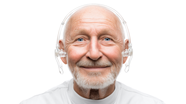 Smiling elderly man with headphones, showcasing a joyful connection to music.