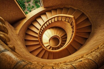 Endless spiral staircase viewed from above, showcasing a mesmerizing architectural design in a historic building
