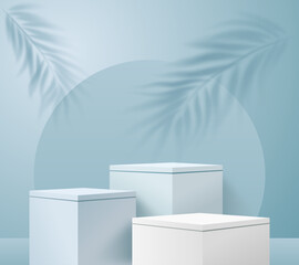Set of realistic white and blue 3D cube square podium in clean abstract room. Luxury minimal stage for mockup products stage showcase, promotion display. Vector geometric forms design.