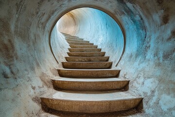 Steps lead into an endless circular tunnel creating a mysterious atmosphere with a sense of depth and intrigue