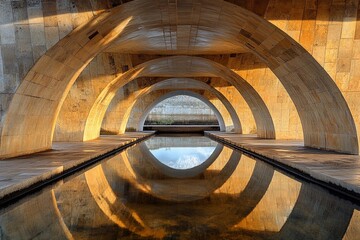 Vaulted bridge structure creates stunning mirror reflection beneath in calm water during early morning light