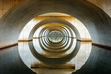 Vaulted bridge structure creates stunning mirror reflection beneath in calm water during early morning light