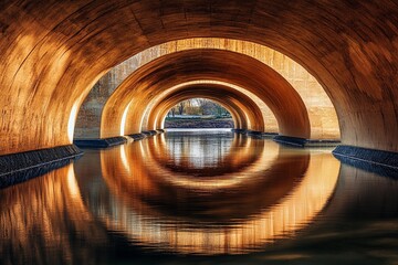 Vaulted bridge structure creates stunning mirror reflection beneath in calm water during early morning light