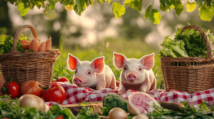 A farm picnic scene with piglets exploring around a checkered blanket and baskets of vegetables 