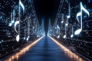 Musical bridge illuminated with shining notes creating a harmonious atmosphere at night