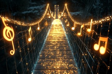 Musical bridge illuminated with shining notes creating a harmonious atmosphere at night