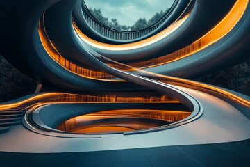 Futuristic museum showcasing symmetrical spiraling ramps illuminated by soft lighting for an immersive visitor experience