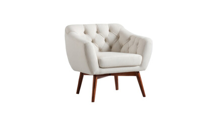 Stylish white tufted armchair with wooden legs, isolated on a white background.