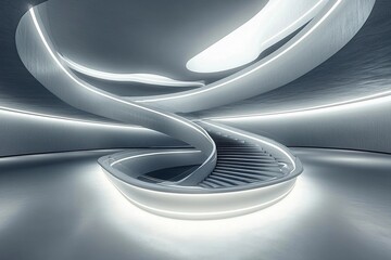 Futuristic museum showcasing symmetrical spiraling ramps illuminated by soft lighting for an immersive visitor experience