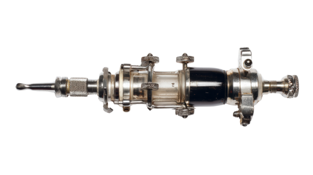 Stylish silver instrument on white isolated background, showcasing intricate mechanical design and craftsmanship.