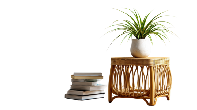 Stylish wicker side table with books and a potted plant on a white isolated background.