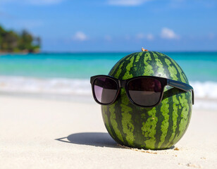 Vibrant watermelon wearing sunglasses on a sandy beach with turquoise waters in the background during a sunny day