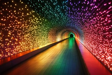 Colorful illuminated tunnel creates a stunning visual experience with shimmering lights in various hues