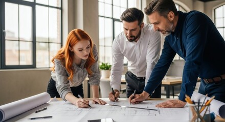 Architectural design team collaboration blueprint review construction planning office meeting project discussion