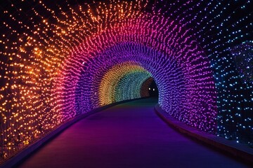 Colorful illuminated tunnel creates a stunning visual experience with shimmering lights in various hues