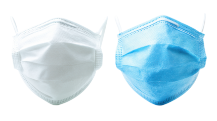 Two medical masks, one white and one blue, isolated on a white background.