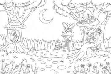 Obraz premium Enchanted forest scene, whimsical fairy houses, tranquil night. 