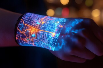 3D holographic map displayed from a wristband illuminates the hand with vibrant city pathways and landmarks during the evening
