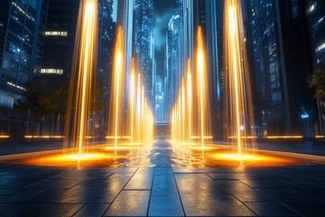 Futuristic plaza featuring a symmetrical fountain illuminated by urban lights in a vibrant cityscape