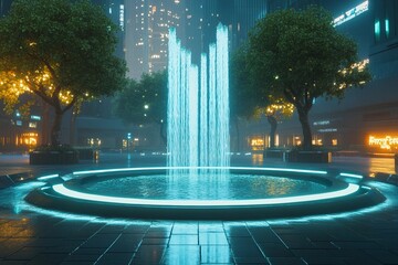 Futuristic plaza featuring a symmetrical fountain illuminated by urban lights in a vibrant cityscape