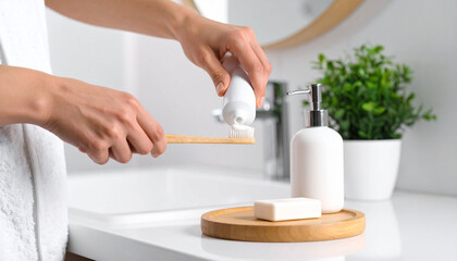 someone's hand is holding toothpaste and a toothbrush