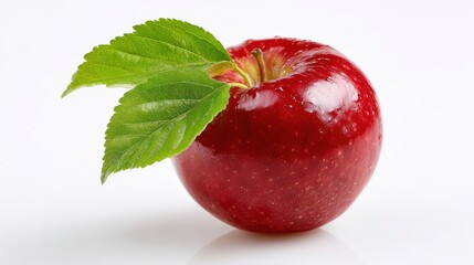 Fresh red apple with leaf on white background