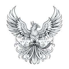 Phoenix drawing, black on white, drawing
