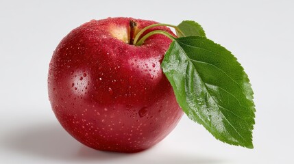 Fresh red apple with leaf on white background