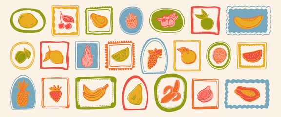 Collection of hand drawn colorful tropical summer fruits and decorative frames. Dragon fruit, papaya, pineapple, watermelon, melon, coconut, citrus, grape, lemon, banana, pomegranate, fig, banana. 